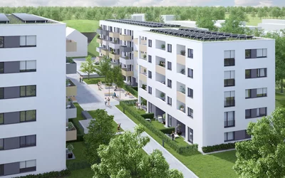 Visionsbild von zwei weißen und modernen Häuserblöcken