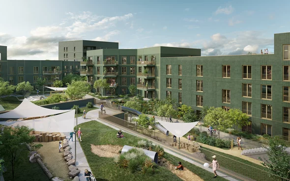 Visionsbild eines grünen Innenhofs eines Gebäudekomplexes mit Spielplatz und Grünflächen
