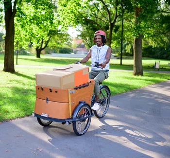 Mann fährt mit Lastenrad mit Kartons im korb durch Park