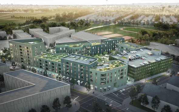 Visionsbild einer begrünten und futuristischen Gebäudesiedlung