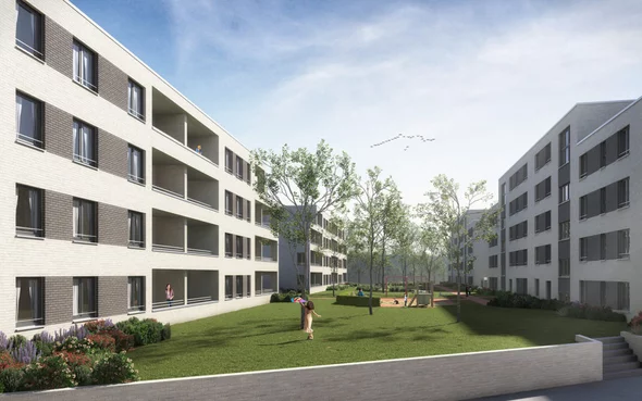 Visionsbild von begrüntem Innenhof von zwei Häuserblöcken
