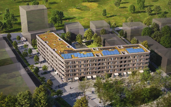 Luftansicht eines Visionsbildes eines begrünten Gebäudekomplexes in der Natur