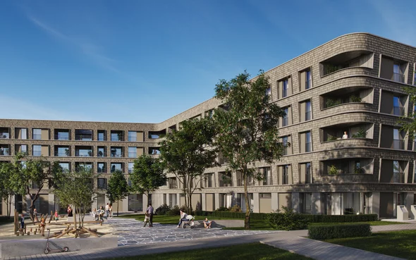 Visionsbild zweier Häuserblöcke mit moderner Schieferfassade